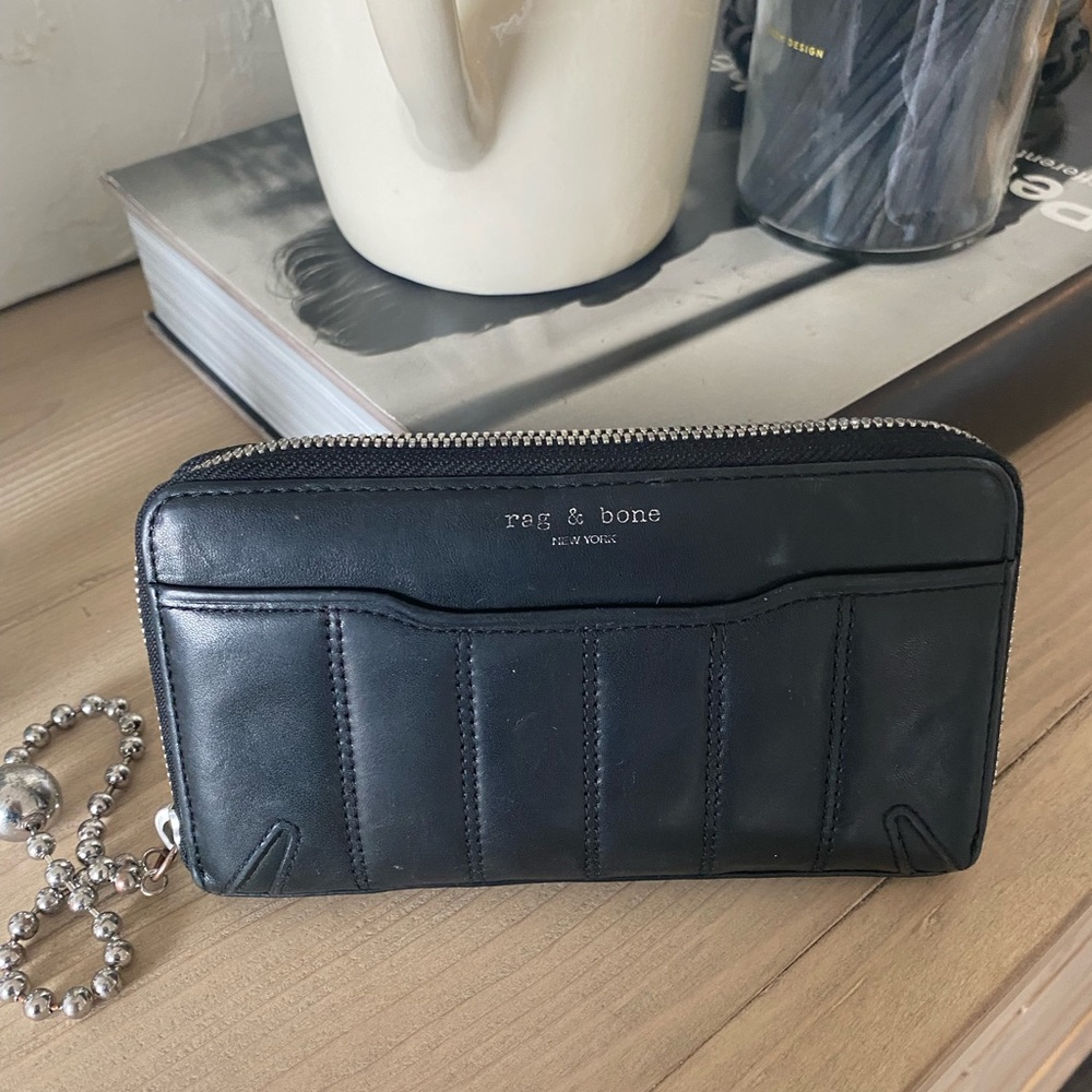 Rag & Bone Black Zip Around Quilted Leather Wallet